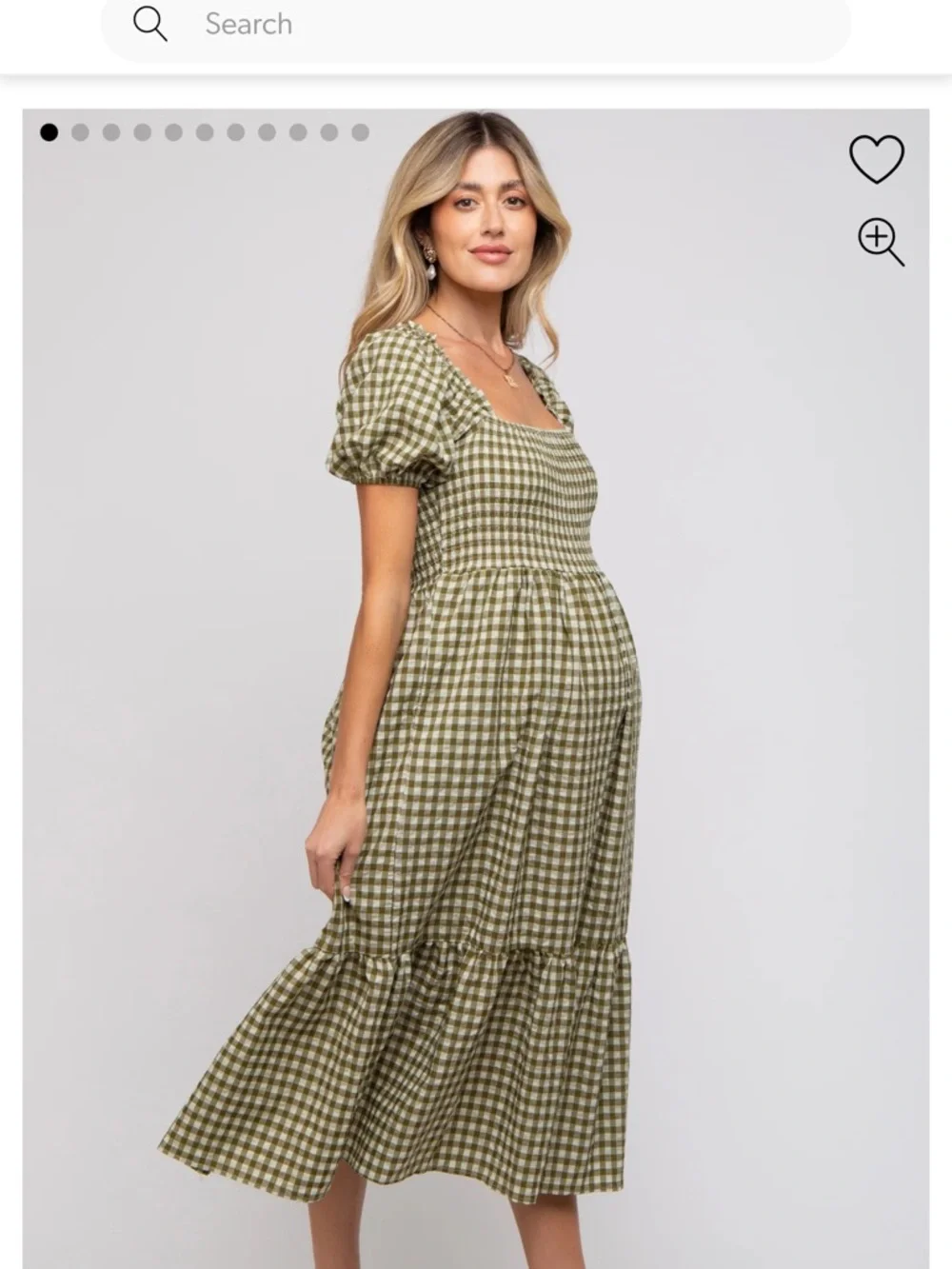 Gingham Smocked Midi Dress in Olive Green - Bump Friendly - Picture 2 of 8